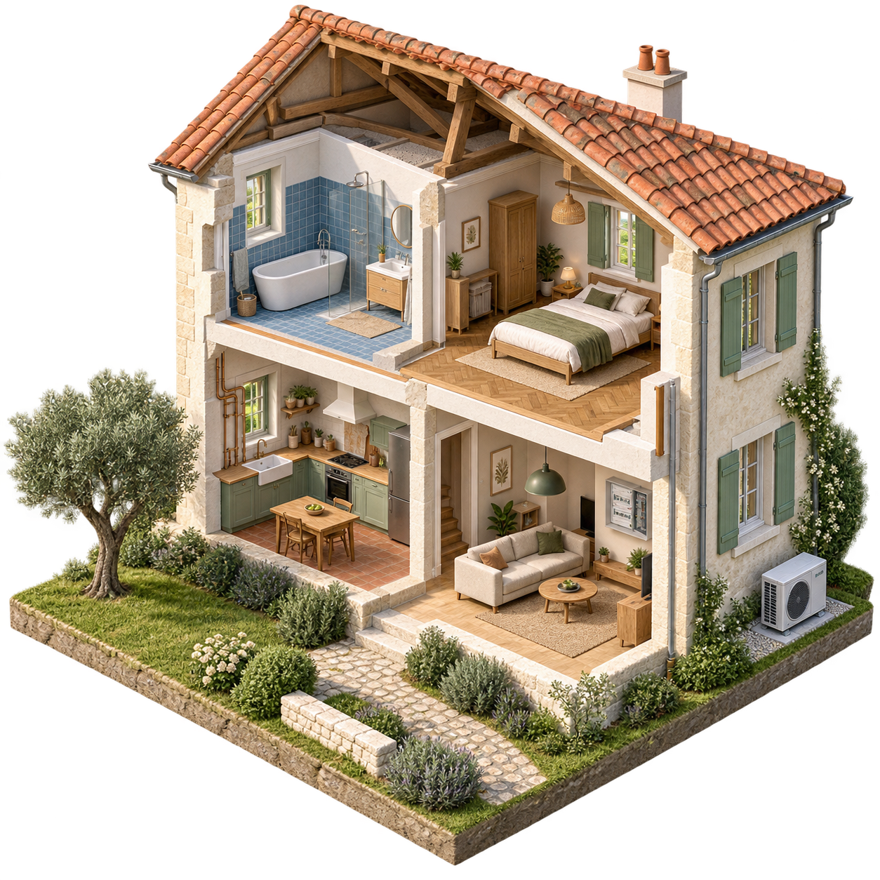 Maison en coupe isométrique : salle de bains et chambre à l’étage, cuisine et salon au rez-de-chaussée, toiture et pompe à chaleur à l’extérieur.